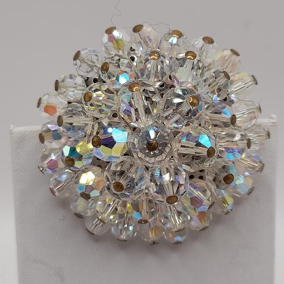 Vintage AB Crystal Beaded Brooch Clear Aurora Borealis Round 2 Inch 1960s - Picture 4 of 9